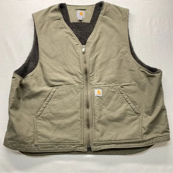 Carhartt 3XL Duck Canvas Sherpa Lined Vest Full Zip Green/Brown Layer vest Warm